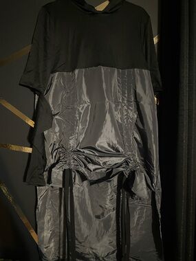 Two-Tone Black & Charcoal Satin Drawstring Dress with Hood